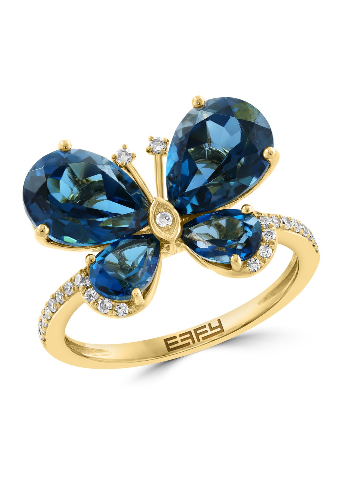 1/8 ct. t.w. Diamond and 5.5 ct. t.w. London Blue Topaz Butterfly Ring in 14K Yellow Gold