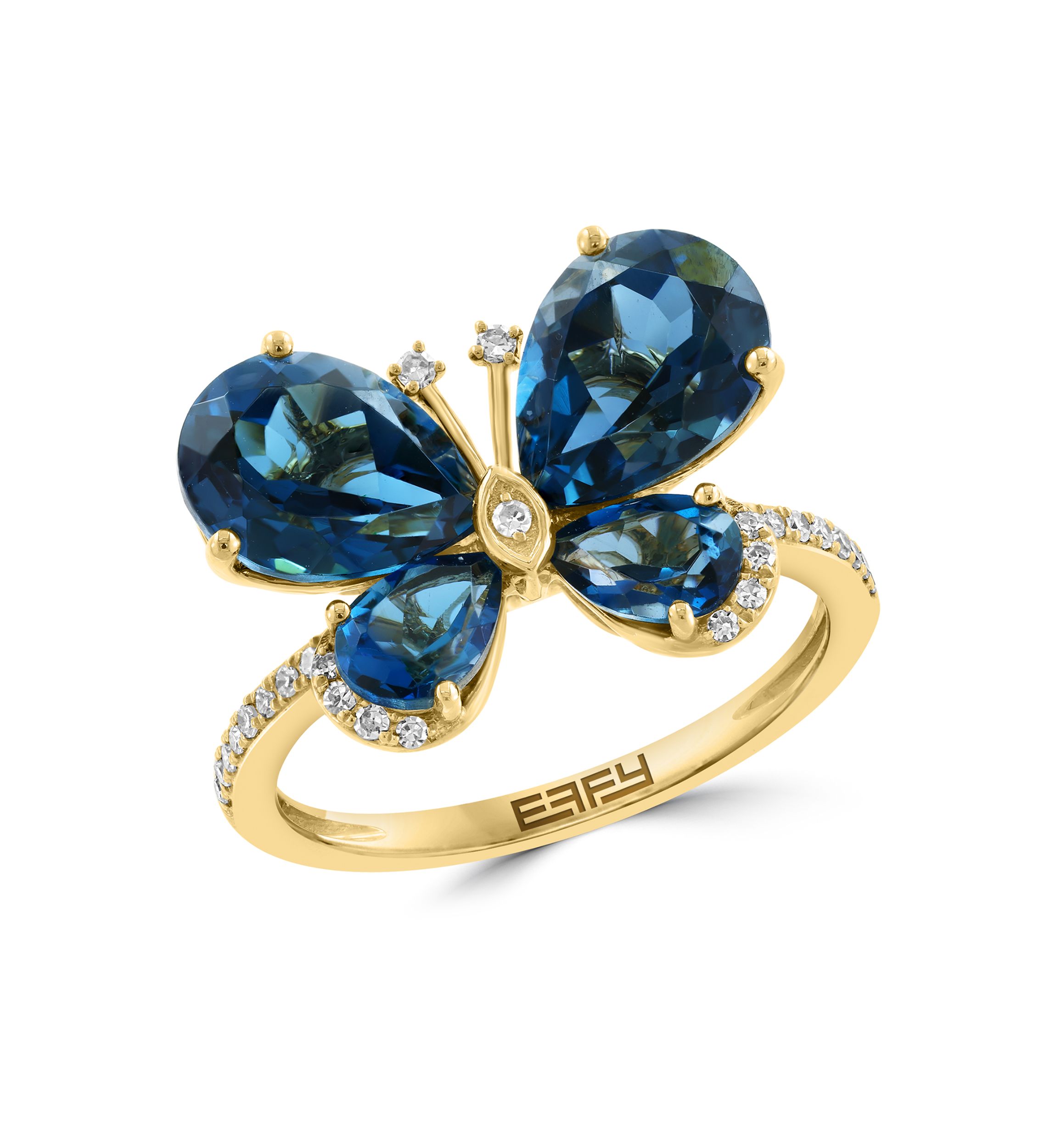 1/8 ct. t.w. Diamond and 5.5 ct. t.w. London Blue Topaz Butterfly Ring in 14K Yellow Gold