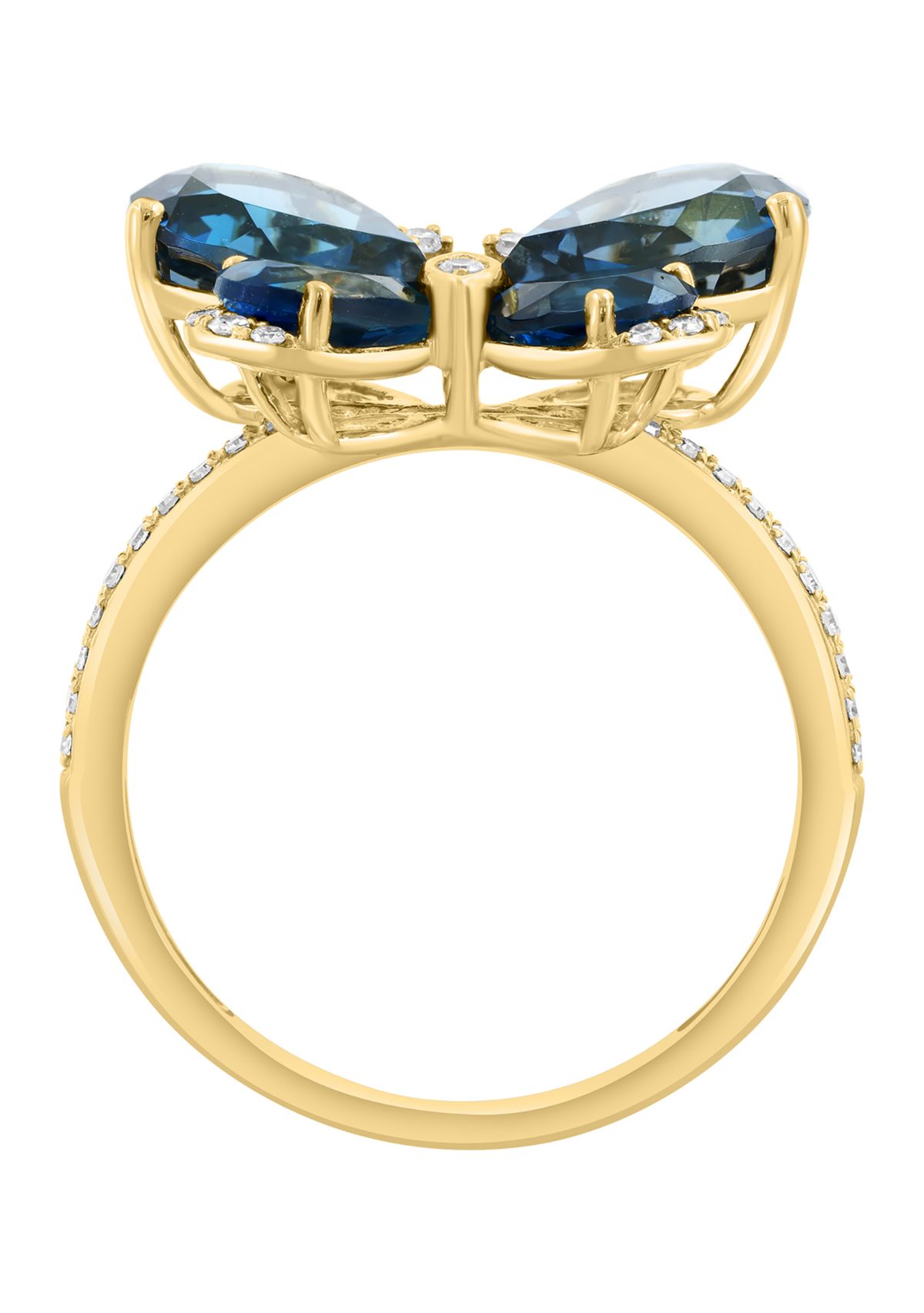 1/8 ct. t.w. Diamond and 5.5 ct. t.w. London Blue Topaz Butterfly Ring in 14K Yellow Gold