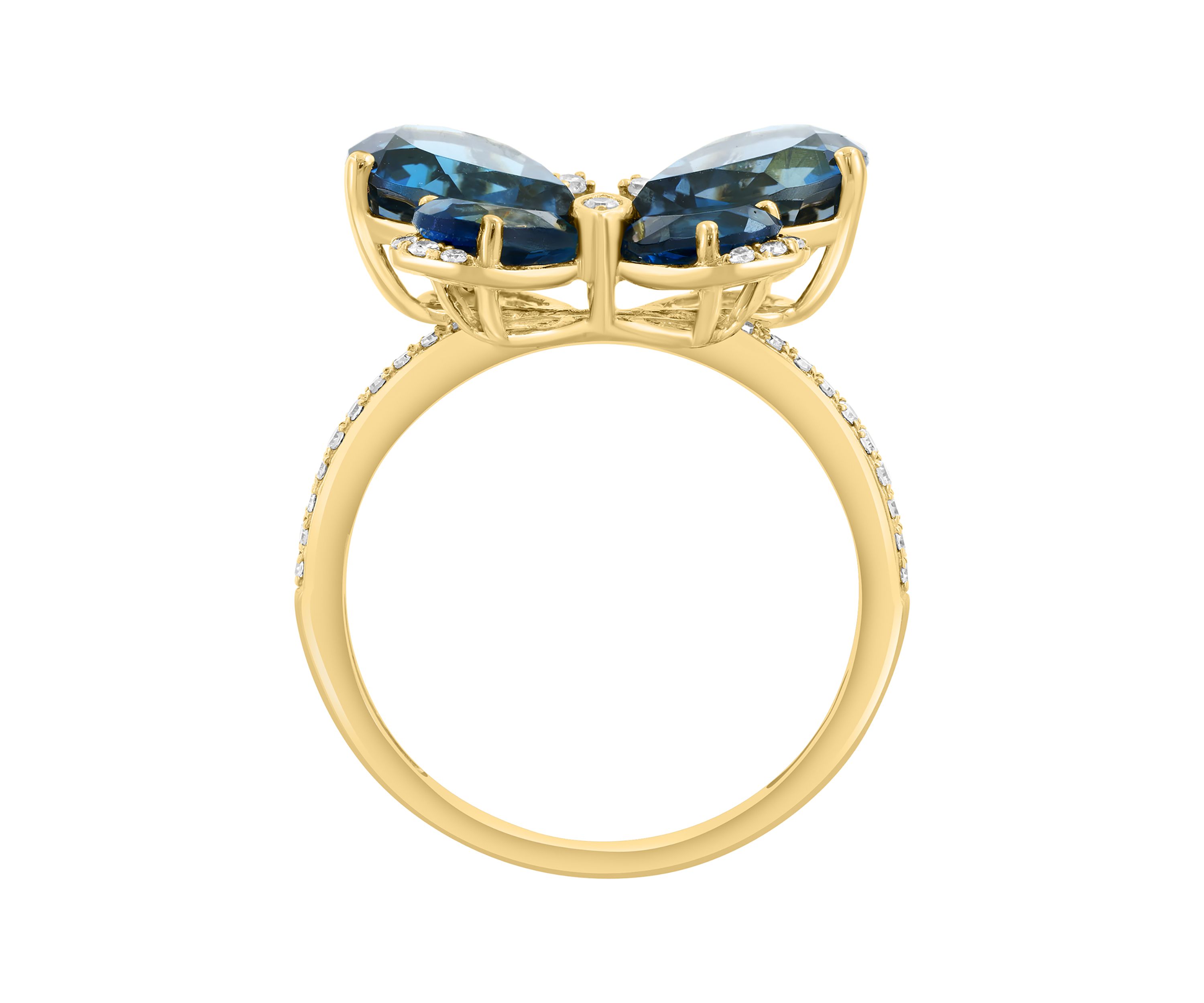 1/8 ct. t.w. Diamond and 5.5 ct. t.w. London Blue Topaz Butterfly Ring in 14K Yellow Gold