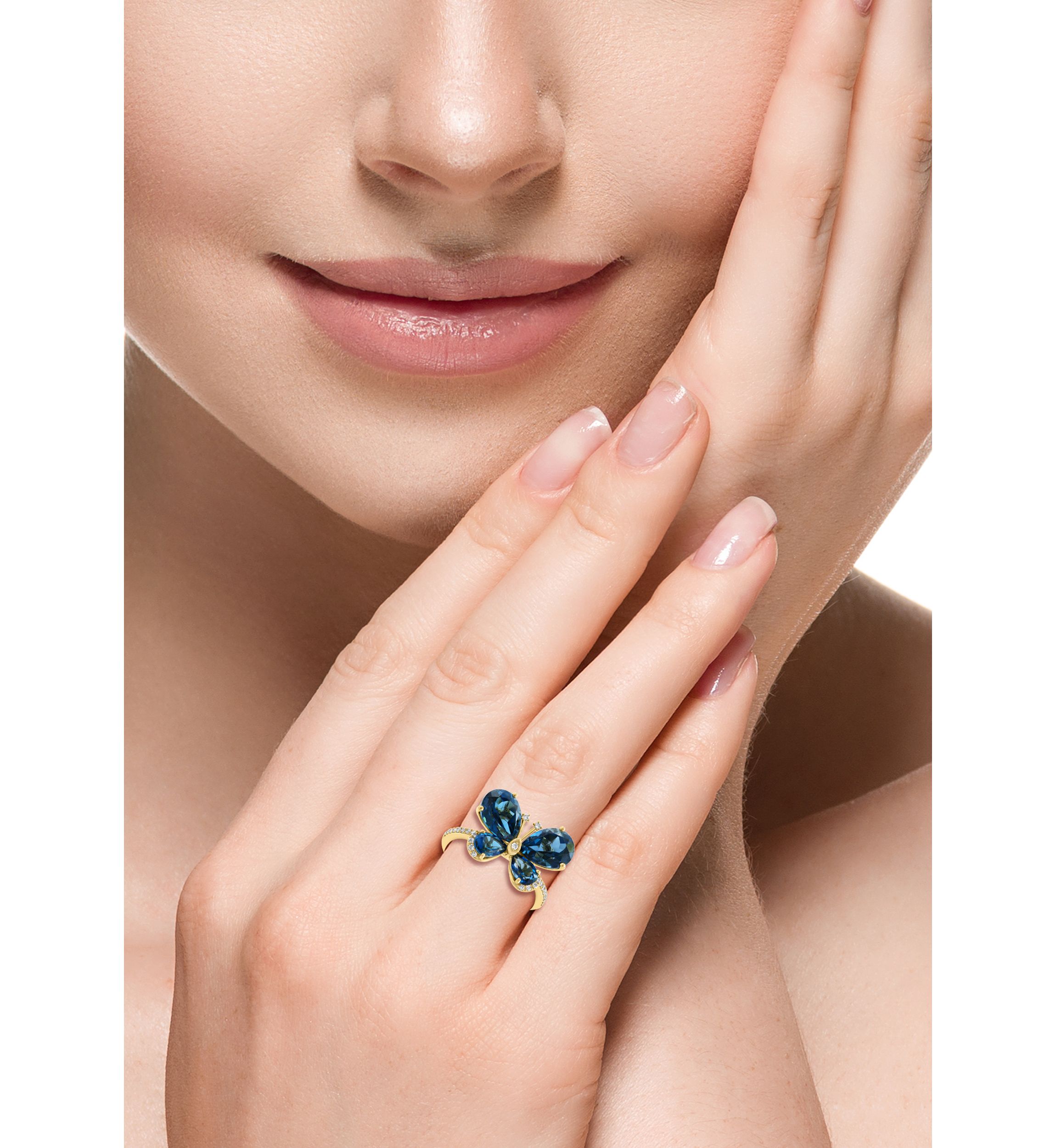 1/8 ct. t.w. Diamond and 5.5 ct. t.w. London Blue Topaz Butterfly Ring in 14K Yellow Gold