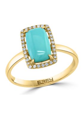 Effy 1/8 Ct. T.w. Diamond And 1.22 Ct. T.w. Turquoise Ring In 14K Yellow Gold