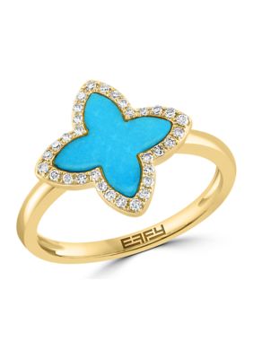 Effy 1/10 Ct. T.w. Diamond And Turquoise 4 Point Ring In 14K Yellow Gold
