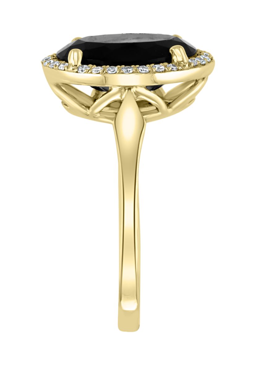 1/8 ct. t.w. Diamond and Onyx Oval Ring in 14K Yellow Gold