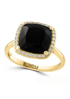 Effy 1/8 Ct. T.w. Diamond Onyx Ring In 14K Yellow Gold