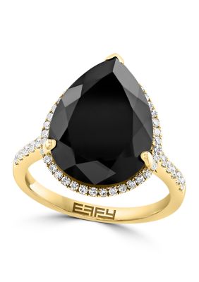 Effy 1/3 Ct. T.w. Diamond, Onyx Pear Ring In 14K Yellow Gold, 7 -  0617892850660