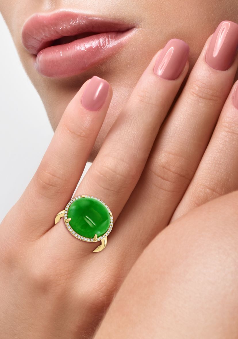 1/6 ct. t.w. Diamond and 8.15 ct. t.w. Green Jade Ring in 14K Yellow Gold 