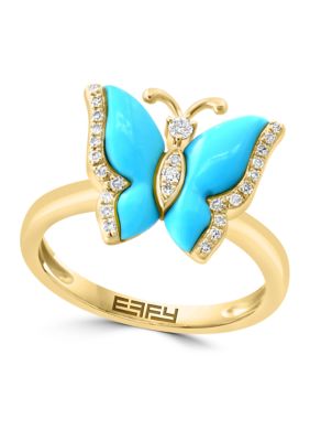 Effy 1/10 Ct. T.w. Diamond, 1.2 Ct. T.w. Turquoise Ring In 14K Yellow Gold