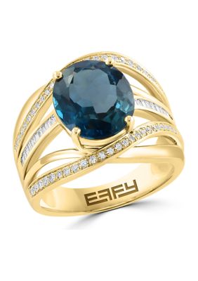 Effy 3/8 Ct. T.w. Diamond And Blue Topaz Ring In 14K Yellow Gold