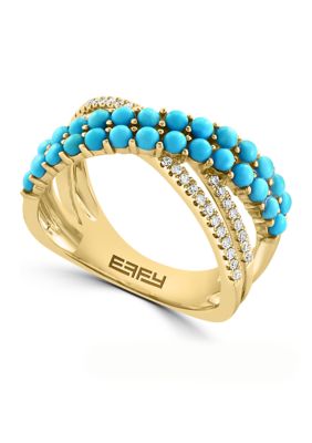 Effy 1/6 Ct. T.w. Diamond Turquoise Crossover Ring In 14K Yellow Gold