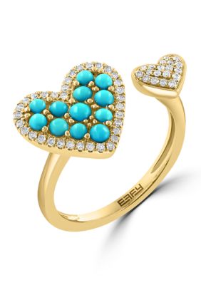 Effy Diamond and Turquoise Double Heart Ring in 14K Yellow Gold, 7 -  0617892823176