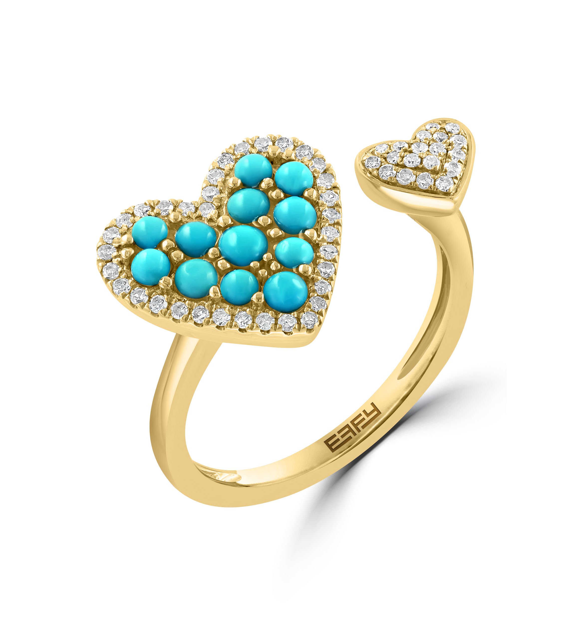 Diamond and Turquoise Double Heart Ring in 14K Yellow Gold