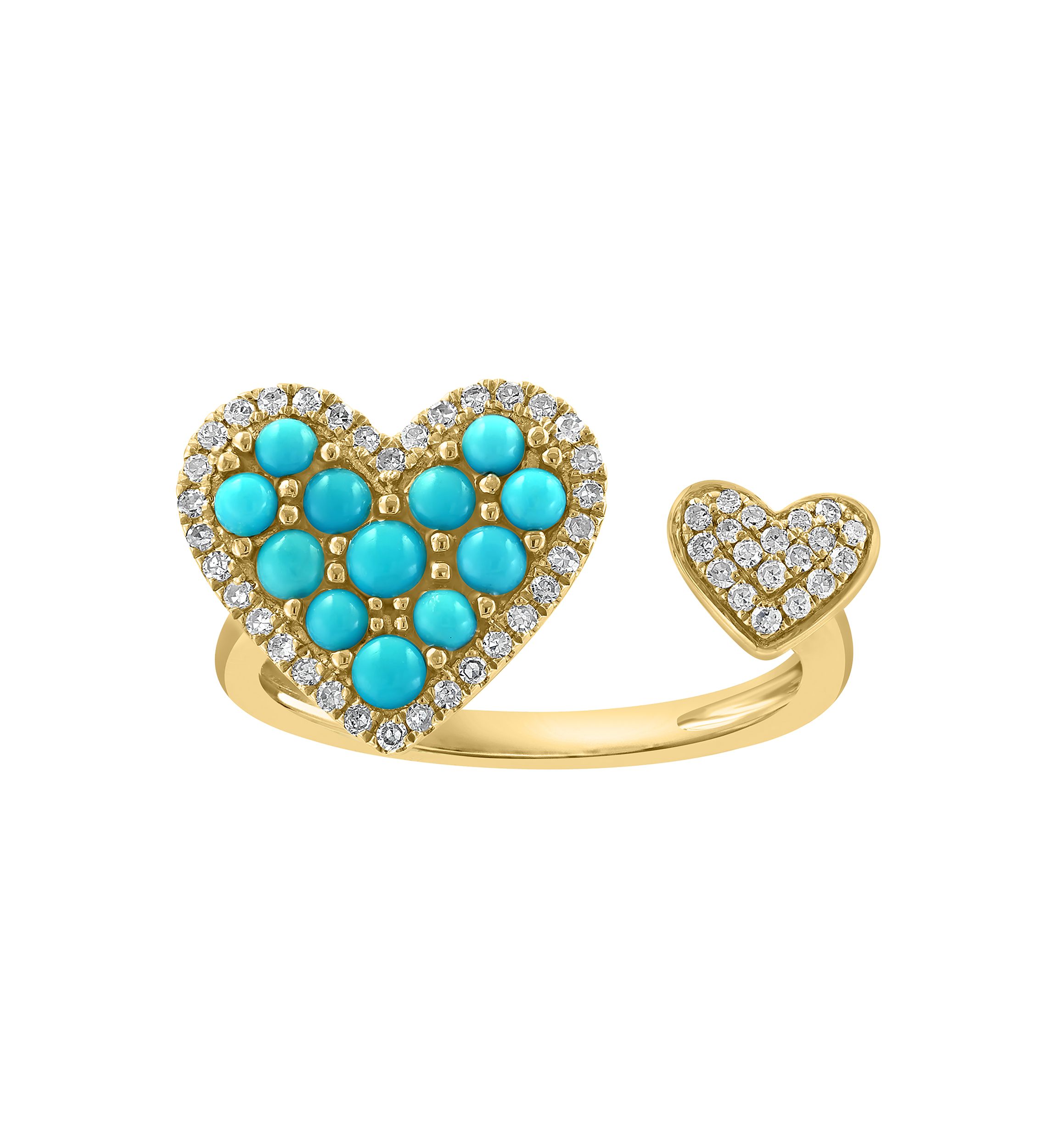 Diamond and Turquoise Double Heart Ring in 14K Yellow Gold