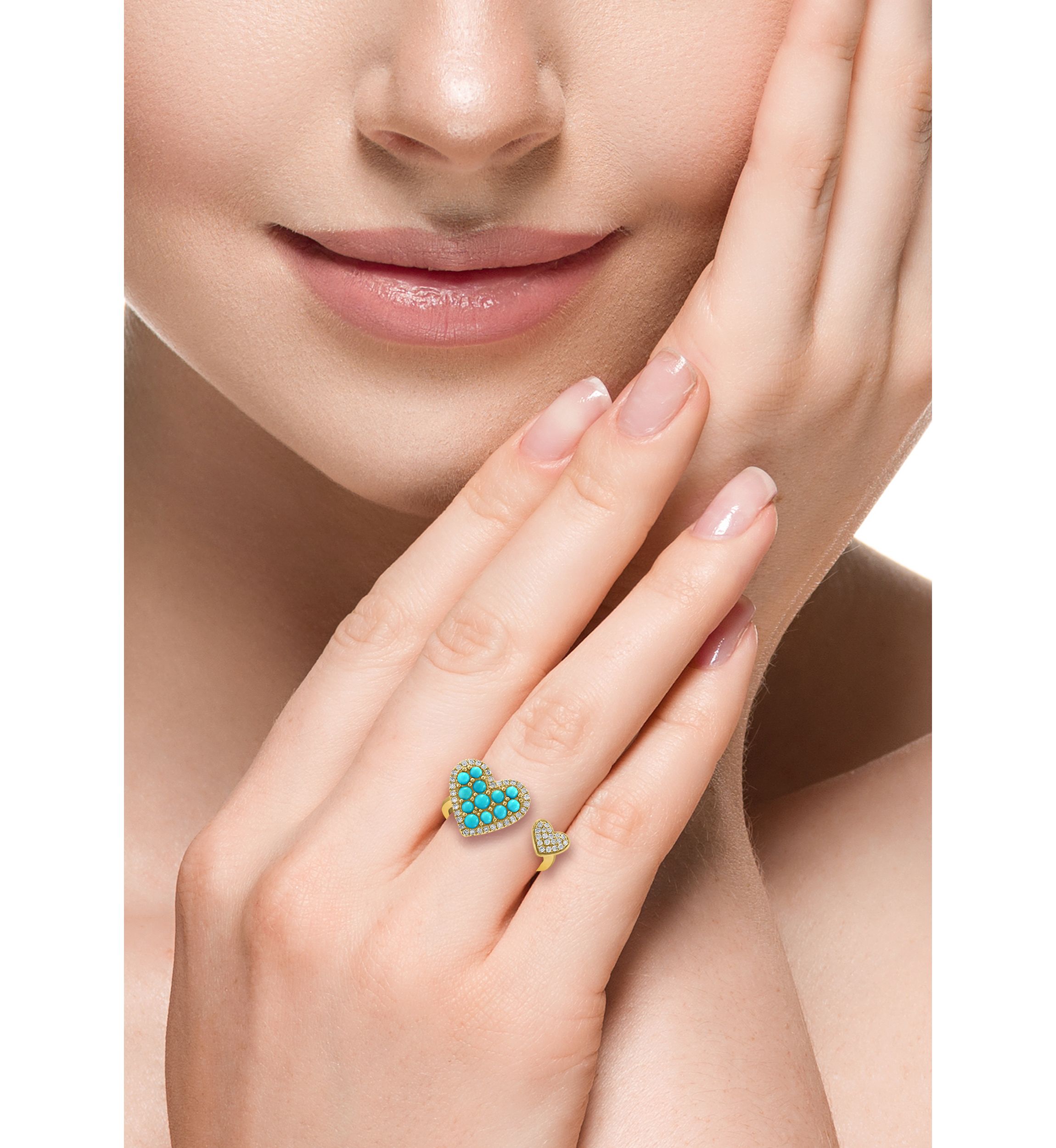 Diamond and Turquoise Double Heart Ring in 14K Yellow Gold