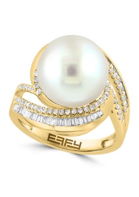 Effy 1/2 Ct. T.w. Diamond And Freshwater Pearl Ring In 14K Yellow Gold