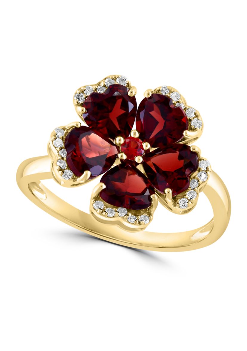 14K Yellow Gold Diamond, Garnet and Orange Sapphire Flower Ring