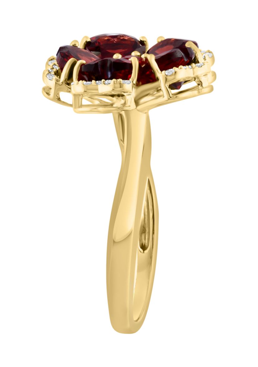 14K Yellow Gold Diamond, Garnet and Orange Sapphire Flower Ring
