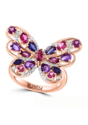 Effy 1/6 ct. t.w. Diamond, Iolite, Amethyst, Rhodolite, Pink Tourmaline Butterfly Ring In 14k Yellow Gold, 7