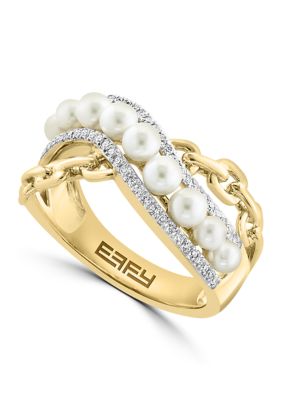 Effy 14K Yellow Gold Diamond And Freshwater Pearl Ring