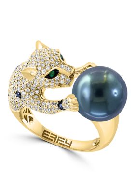 Effy Diamond, Black Diamond, Emerald and Tahitian Pearl Animal Ring in 14K Yellow Gold