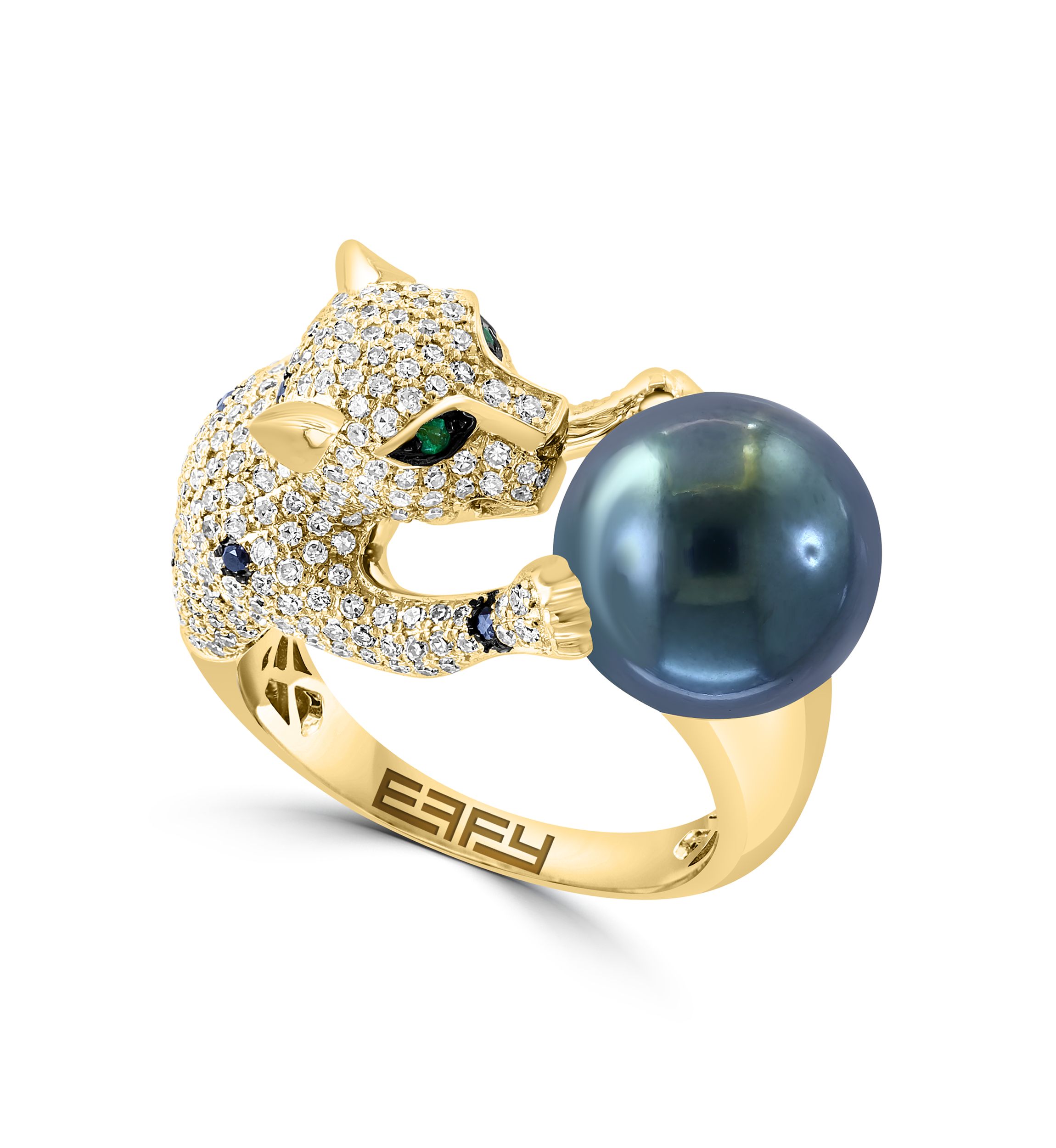 Diamond, Black Diamond, Emerald and Tahitian Pearl Animal Ring in 14K Yellow Gold