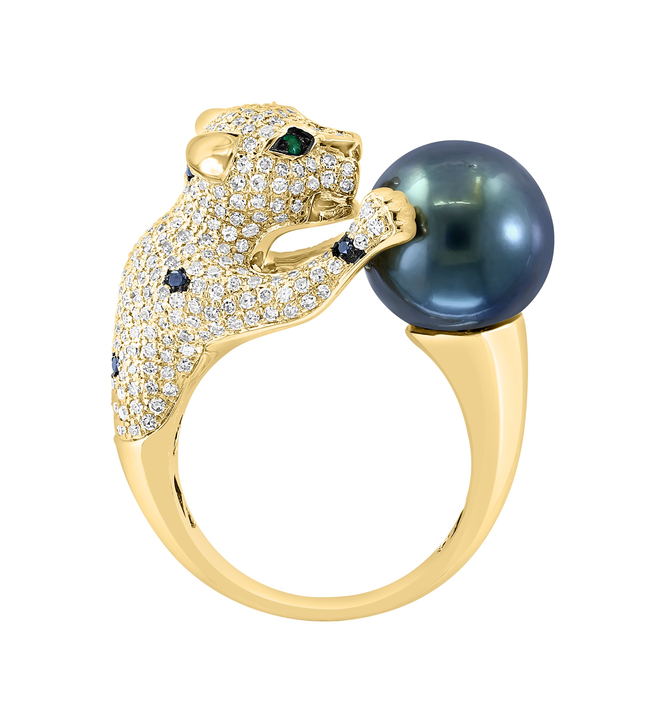 Diamond, Black Diamond, Emerald and Tahitian Pearl Animal Ring in 14K Yellow Gold