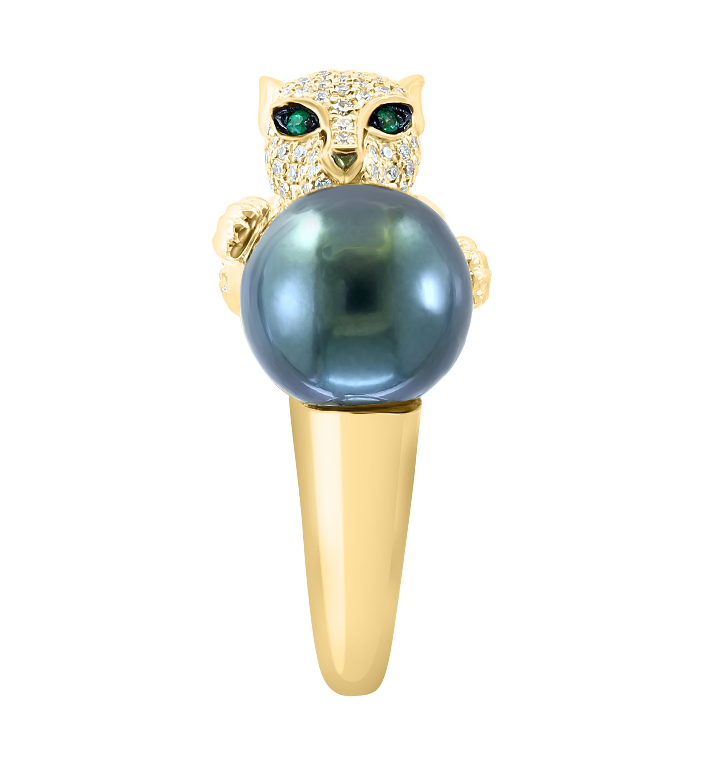 Diamond, Black Diamond, Emerald and Tahitian Pearl Animal Ring in 14K Yellow Gold