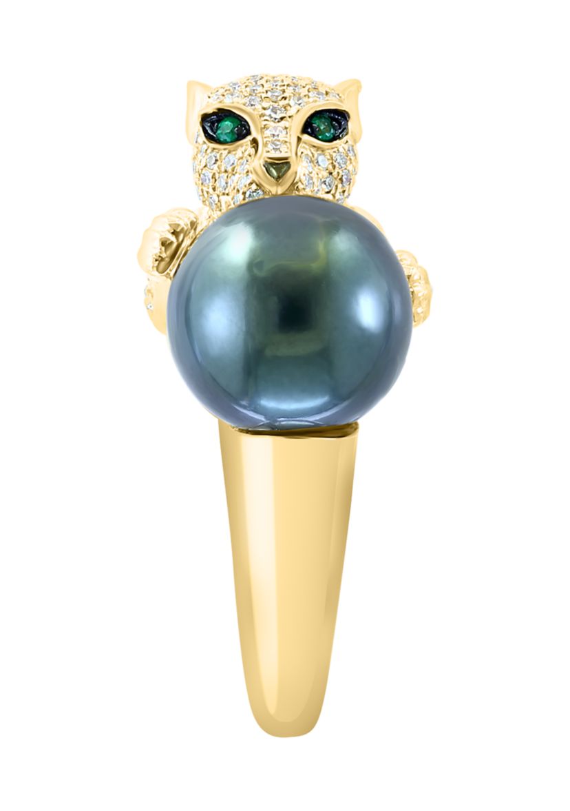 Diamond, Black Diamond, Emerald and Tahitian Pearl Animal Ring in 14K Yellow Gold