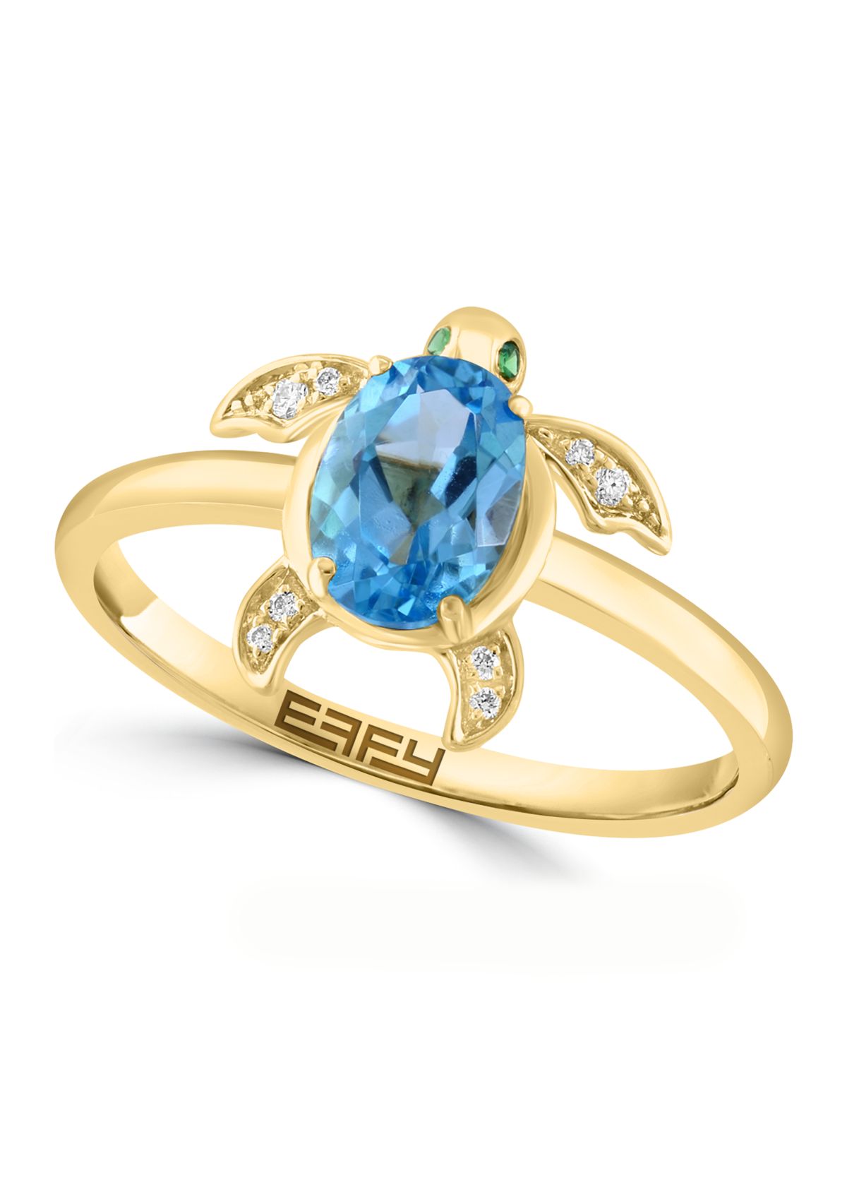 Diamond, Blue Topaz, Tsavorite Turtle Ring in 14K Yellow Gold