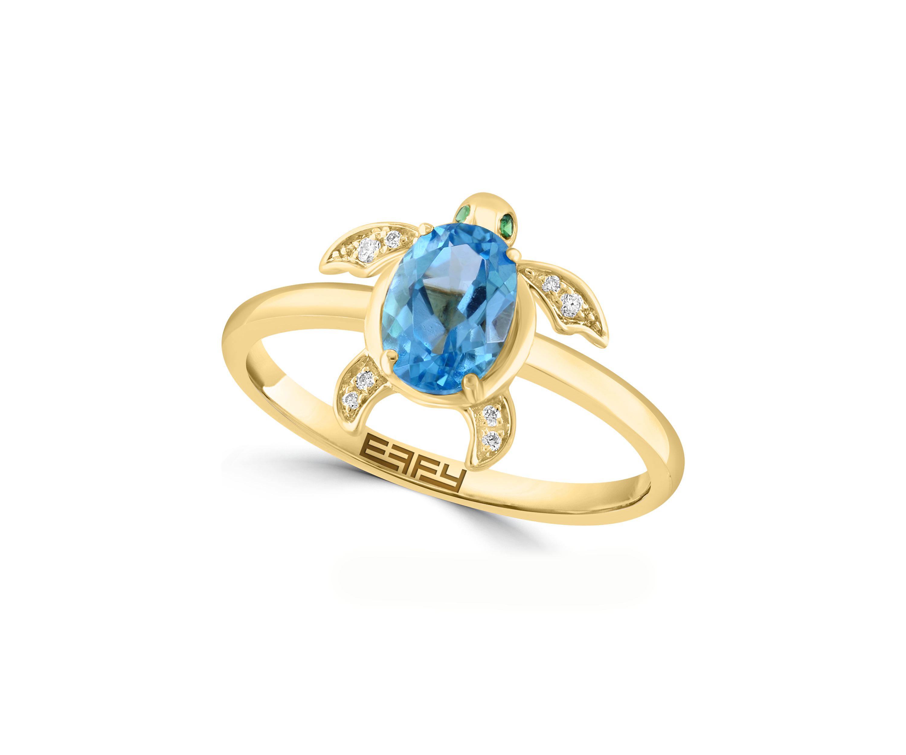 Diamond, Blue Topaz, Tsavorite Turtle Ring in 14K Yellow Gold