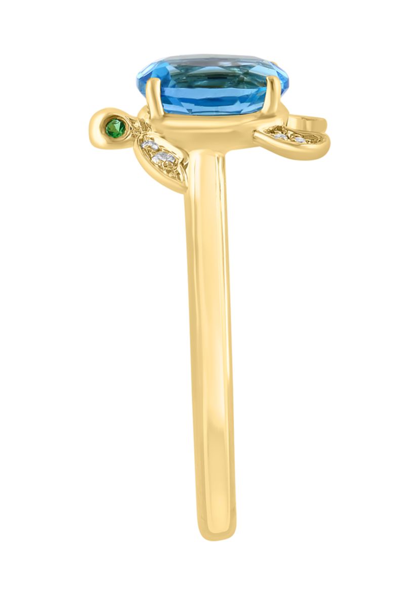 Diamond, Blue Topaz, Tsavorite Turtle Ring in 14K Yellow Gold