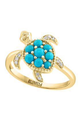 Effy Diamond And Turquoise Turtle Ring In 14K Yellow Gold