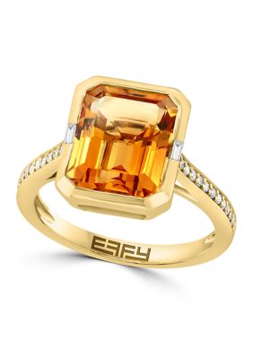 Effy 1/8 Ct. T.w. Diamond, Citrine Ring In 14K Yellow Gold, 7 -  0617892413421