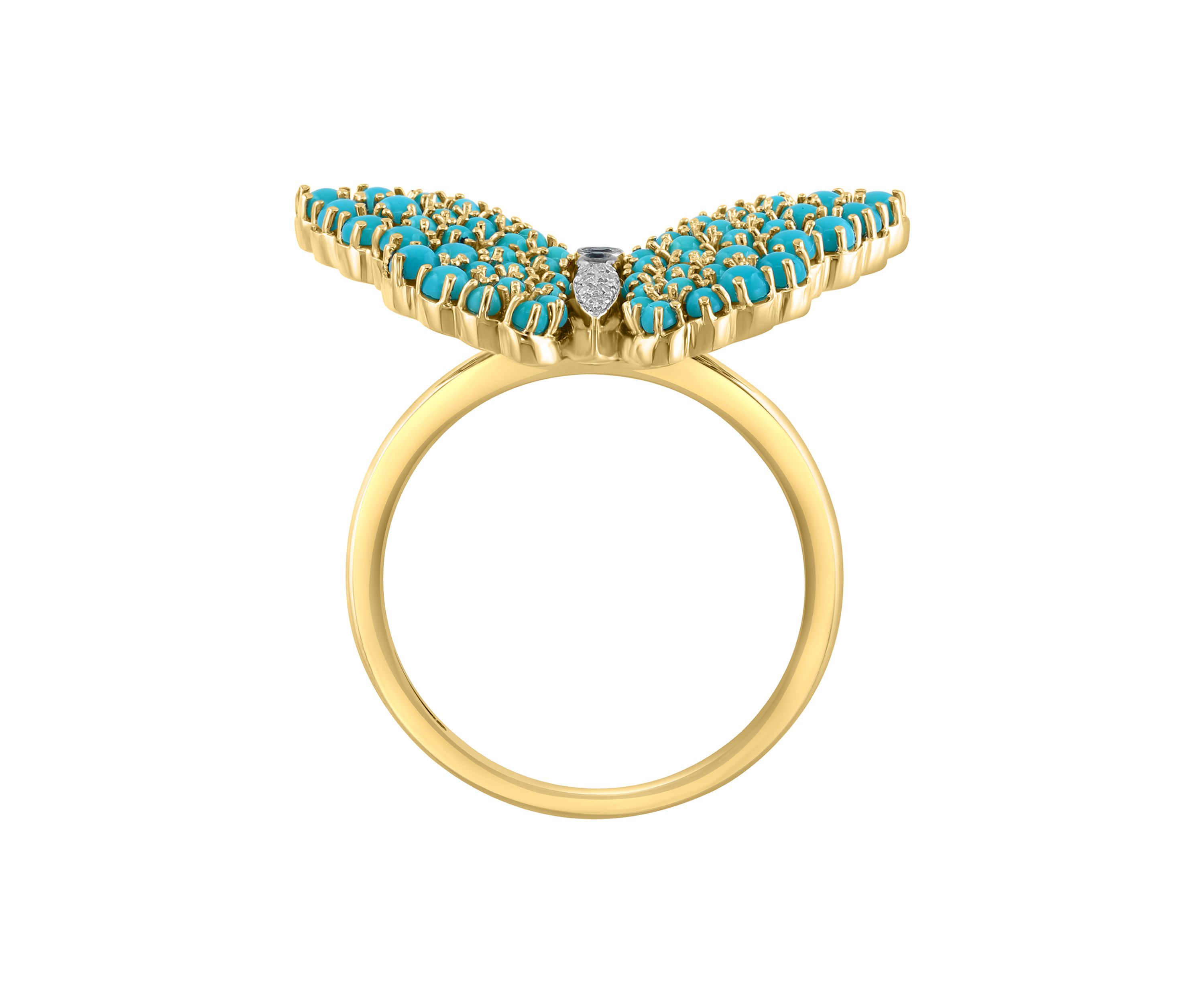 Diamond, Sapphire and Turquoise Butterfly Ring in 14K Yellow Gold