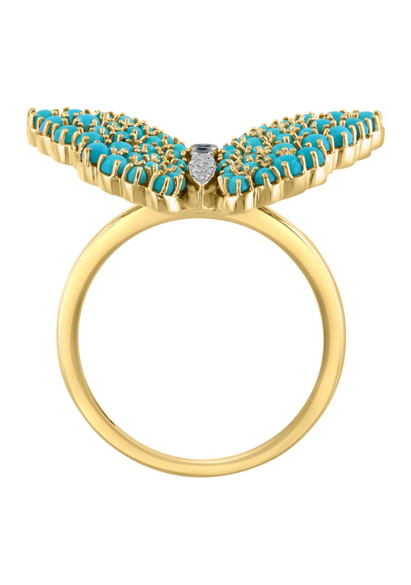 Diamond, Sapphire and Turquoise Butterfly Ring in 14K Yellow Gold