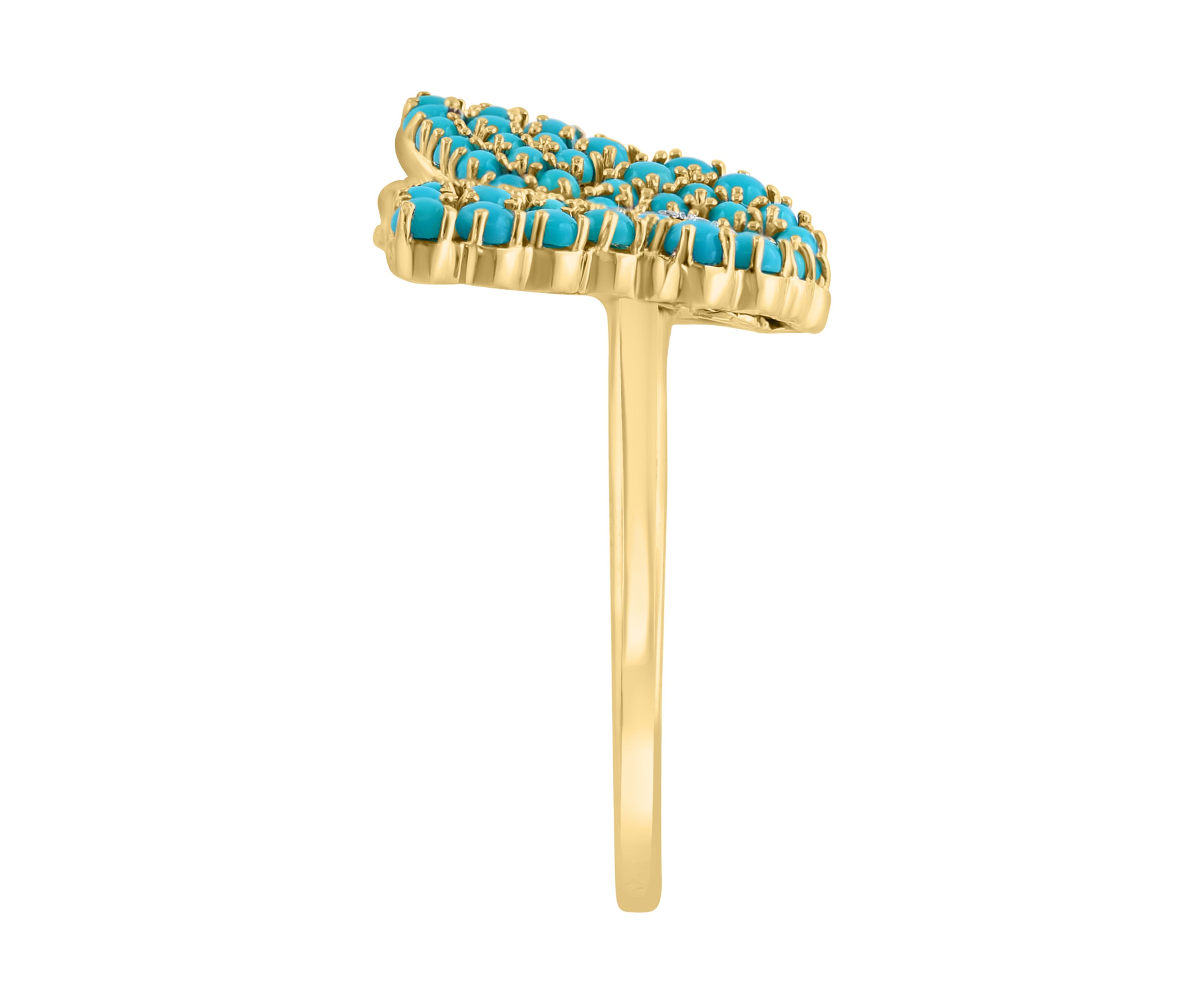 Diamond, Sapphire and Turquoise Butterfly Ring in 14K Yellow Gold