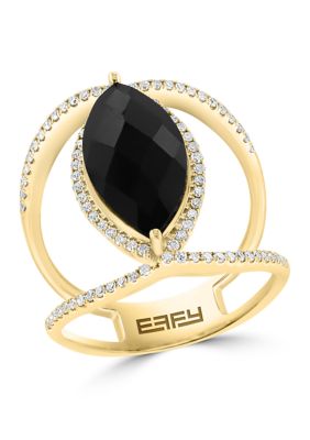 Effy Diamond And Onyx Ring In 14K Yellow Gold