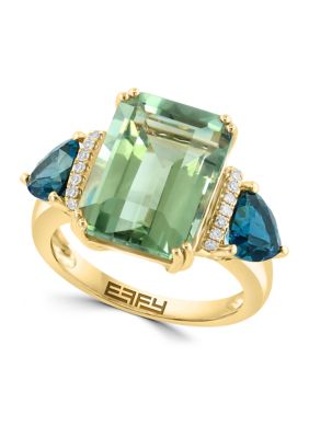 Effy 1/10 ct. t.w. Diamond, 6.05 ct. t.w. Green Amethyst, 3.15 ct. t.w. London Blue Topaz Ring in 14K Yellow Gold