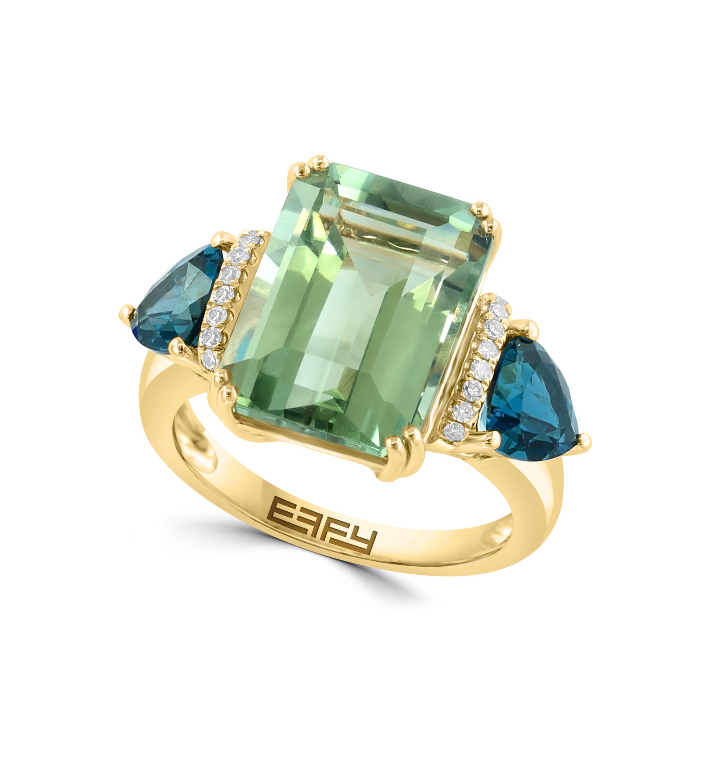 1/10 ct. t.w. Diamond, 6.05 ct. t.w. Green Amethyst, 3.15 ct. t.w. London Blue Topaz Ring in 14K Yellow Gold
