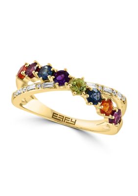Effy 1/10 ct. t.w. Diamond, 1.1 ct. t.w. Amethyst, London Blue Topaz, Rhodolite, Peridot Ring in 14K Yellow Gold