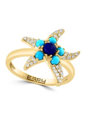 Effy 1/5 Ct. T.w. Lapis Lazuli, 1/3 Ct. T.w. Turquoise, Diamond Ring In 14K Yellow Gold