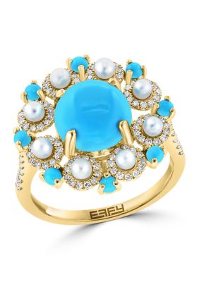 Effy Diamond, Freshwater Pearl And Turquoise Ring In 14K Yellow Gold, 7 -  0617892891885