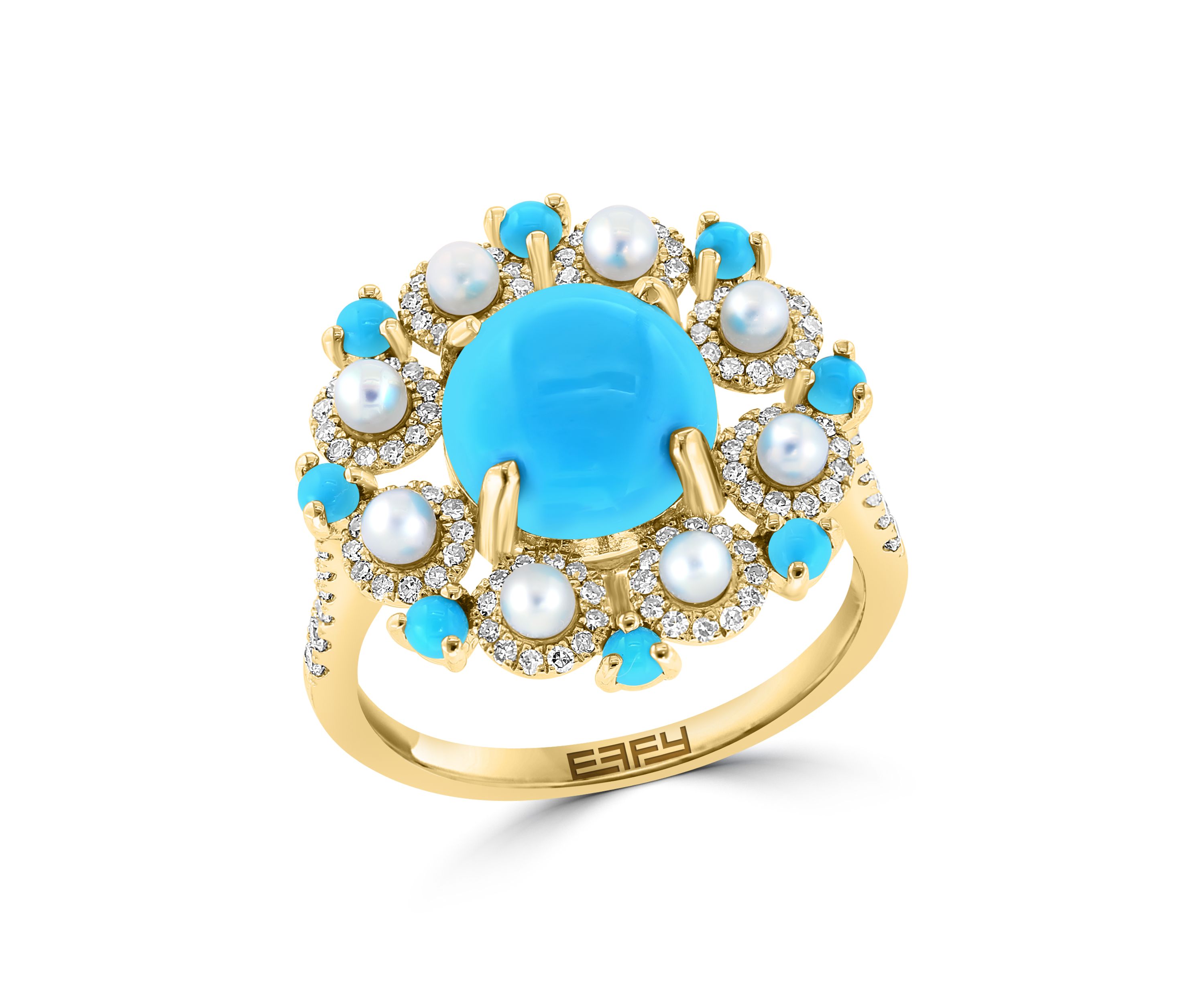 Diamond, Freshwater Pearl and Turquoise Ring in 14K Yellow Gold