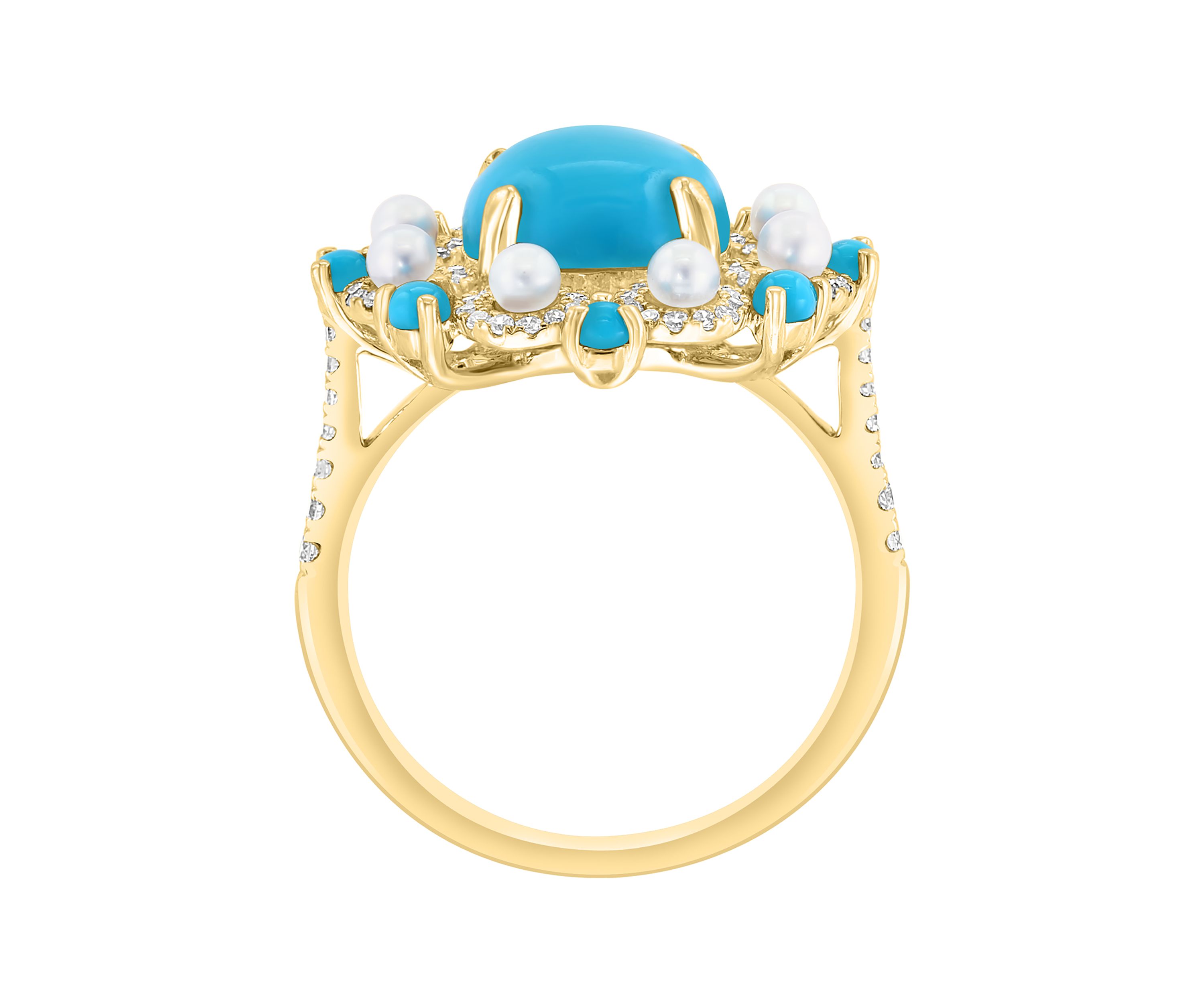 Diamond, Freshwater Pearl and Turquoise Ring in 14K Yellow Gold