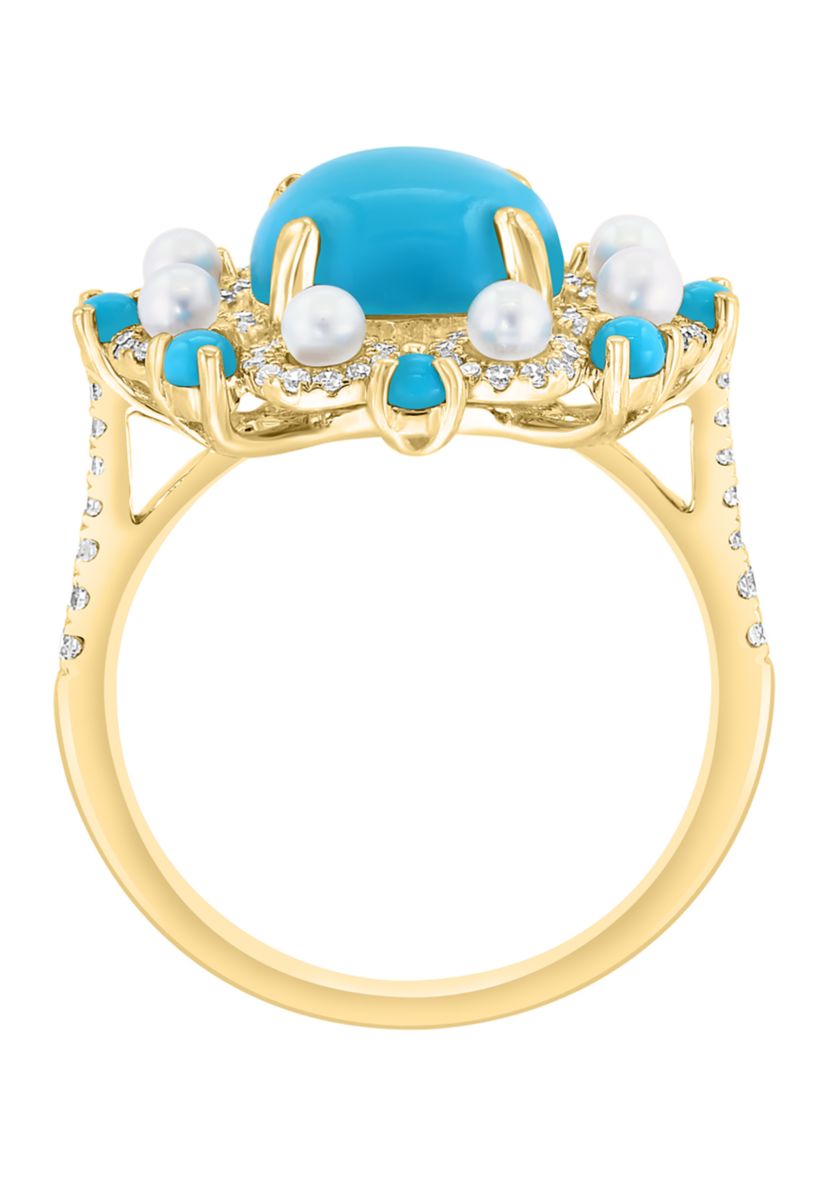 Diamond, Freshwater Pearl and Turquoise Ring in 14K Yellow Gold