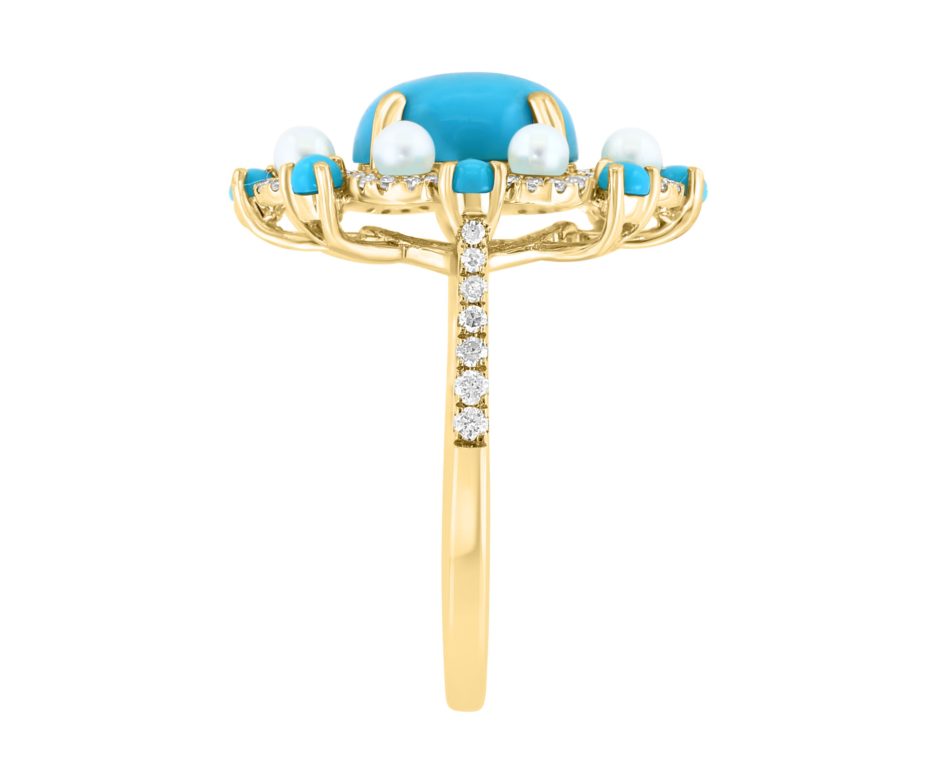 Diamond, Freshwater Pearl and Turquoise Ring in 14K Yellow Gold