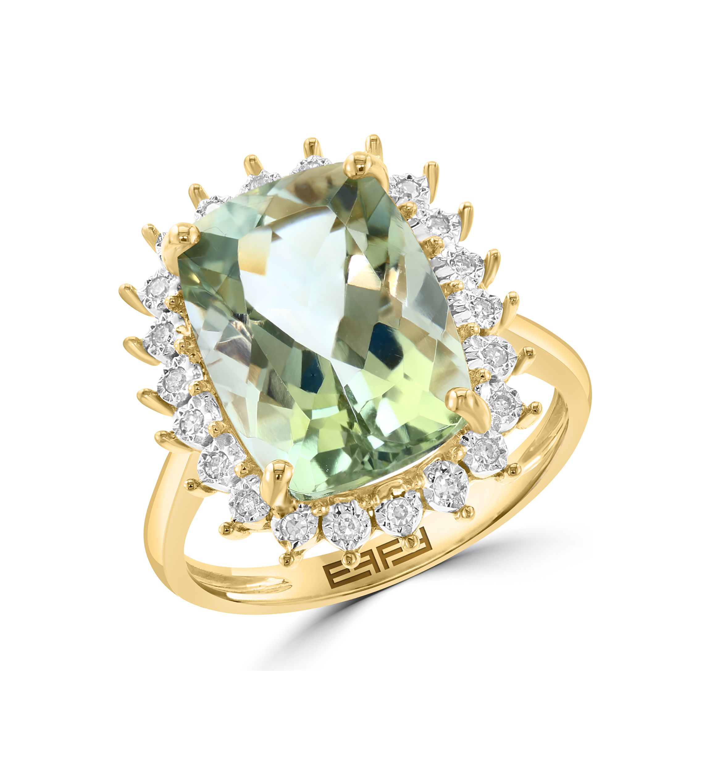 14K Yellow Gold Diamond, Green Amethyst Ring 