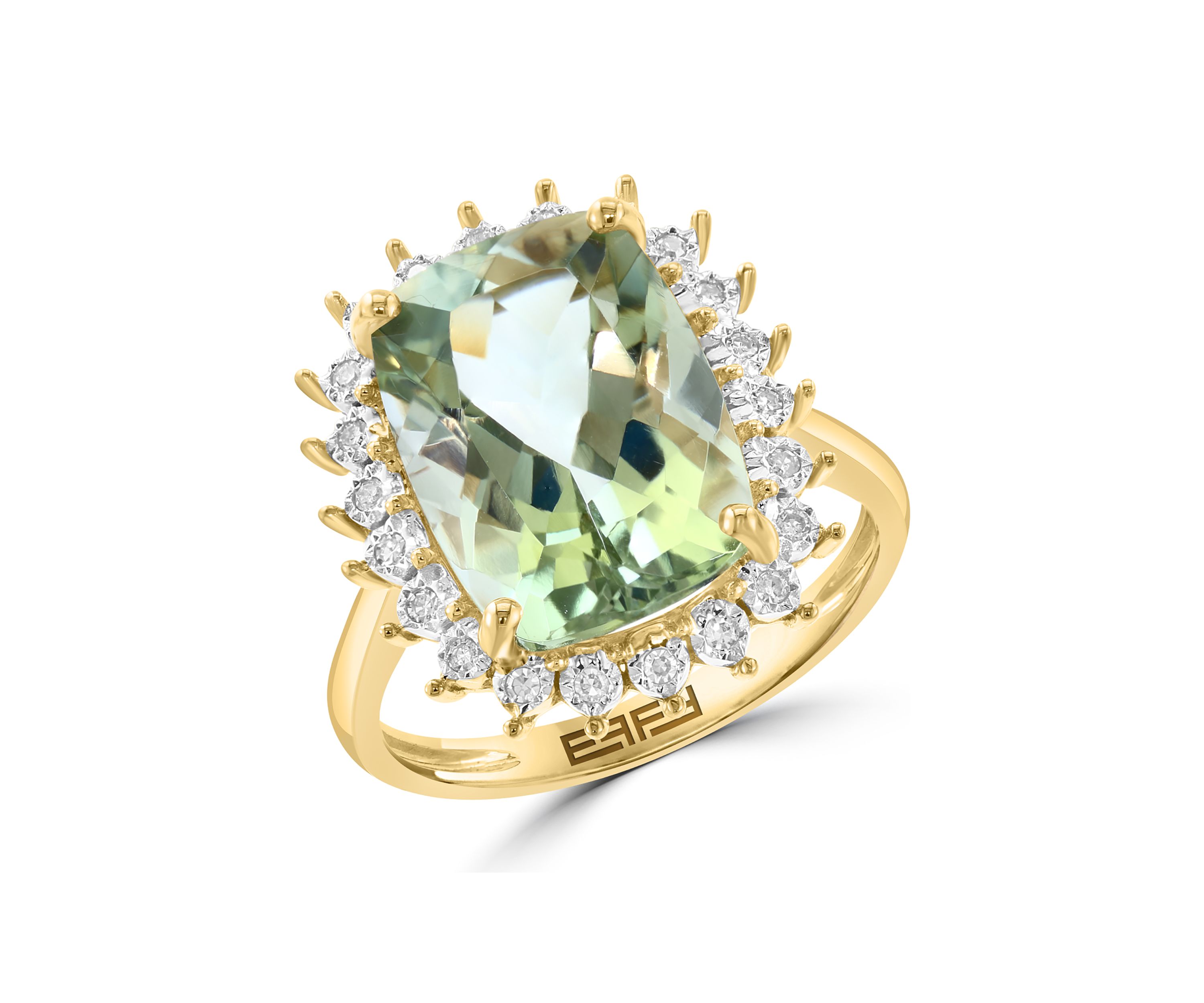 14K Yellow Gold Diamond, Green Amethyst Ring 