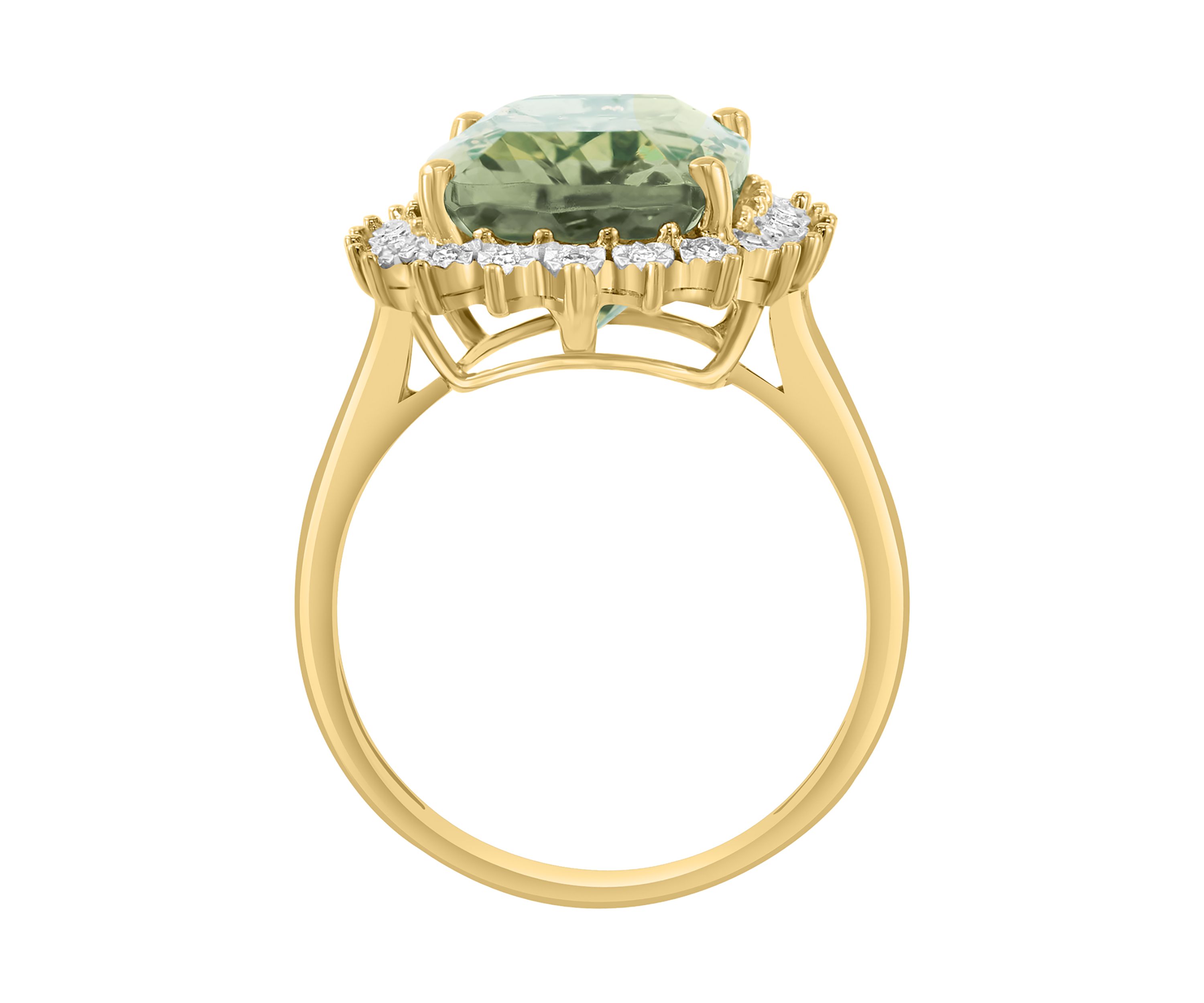 14K Yellow Gold Diamond, Green Amethyst Ring 