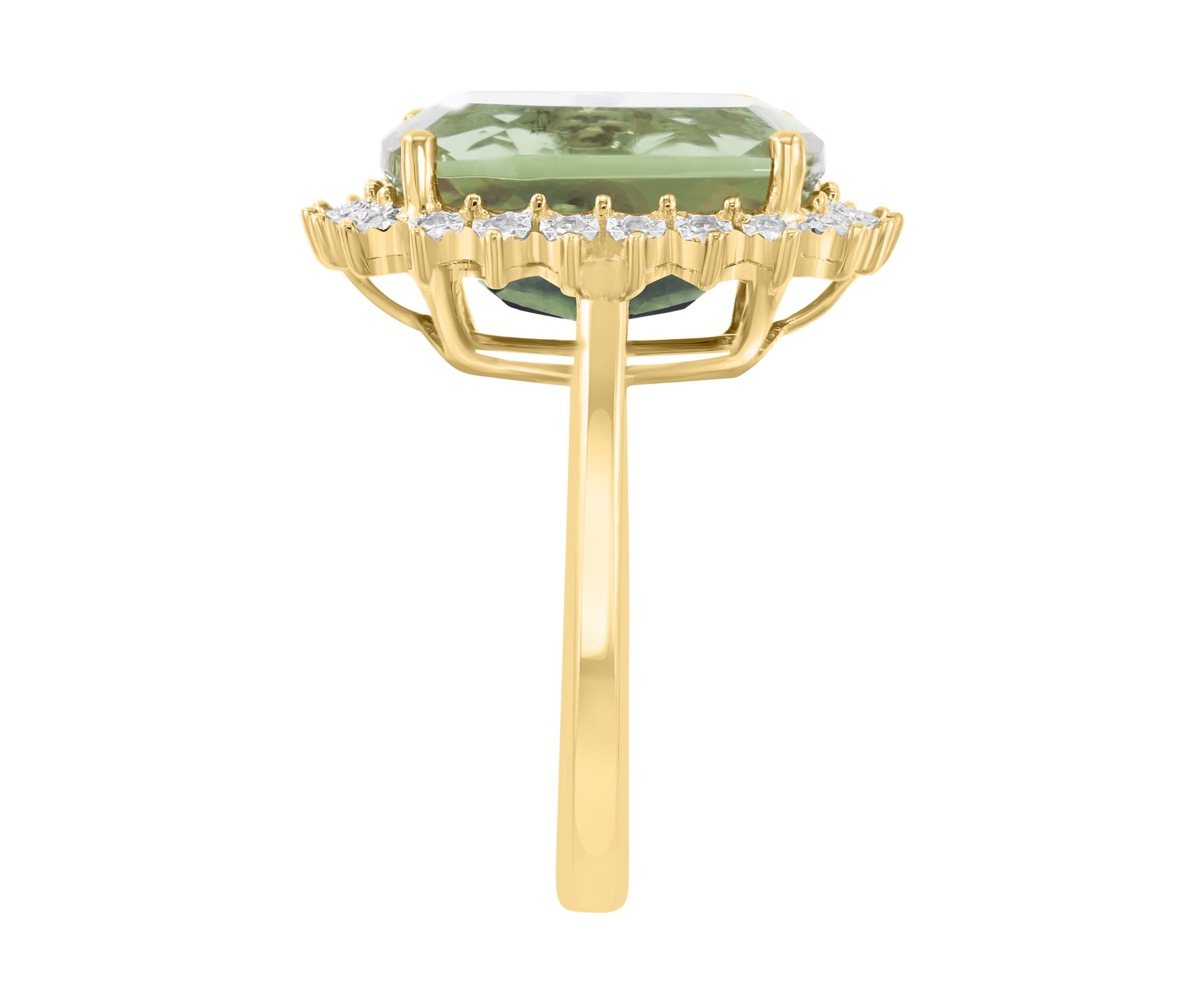 14K Yellow Gold Diamond, Green Amethyst Ring 